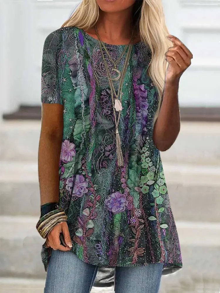 Women's Printed T-Shirt Purple Green Floral Digital Print - Image 8