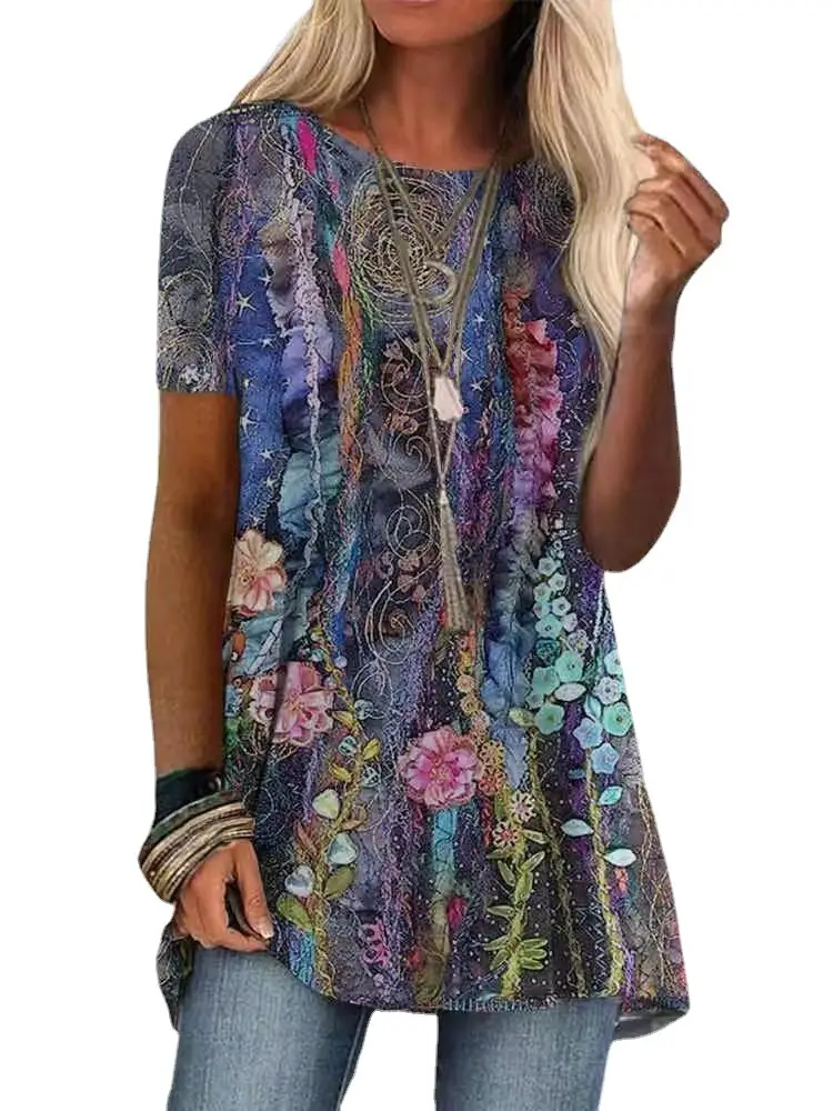 Women's Printed T-Shirt Purple Green Floral Digital Print - Image 9