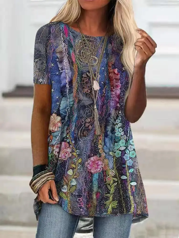 Women's Printed T-Shirt Purple Green Floral Digital Print - Image 3