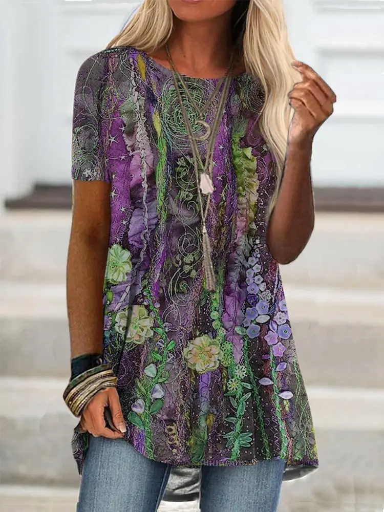 Women's Printed T-Shirt Purple Green Floral Digital Print - Image 4