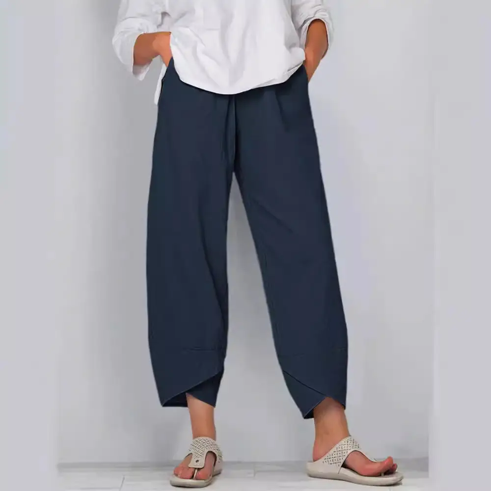 Women Wide Leg Pants Elastic Waist Cotton Linen 9-Point