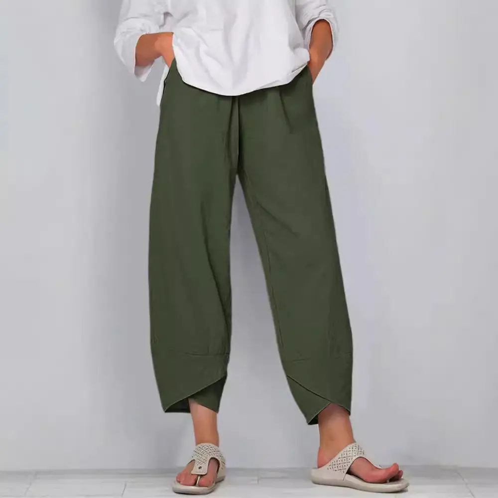 Women Wide Leg Pants Elastic Waist Cotton Linen 9-Point