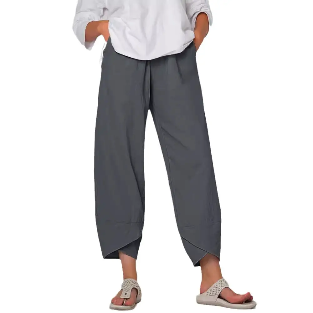 Women Wide Leg Pants Elastic Waist Cotton Linen 9-Point