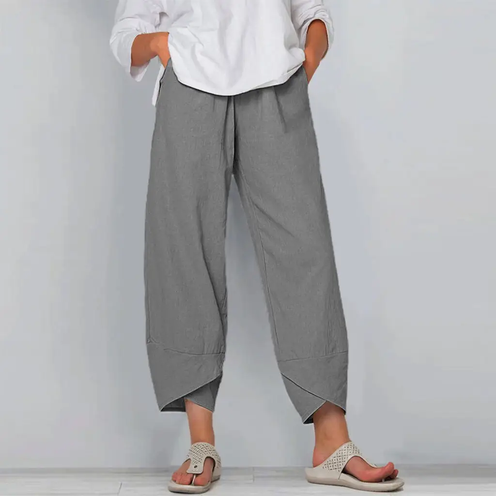 Women Wide Leg Pants Elastic Waist Cotton Linen 9-Point
