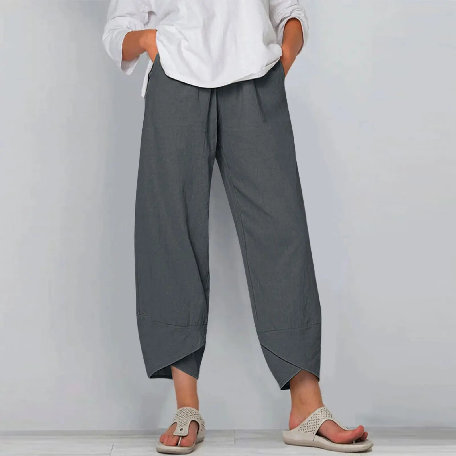 Women Wide Leg Pants Elastic Waist Cotton Linen 9-Point