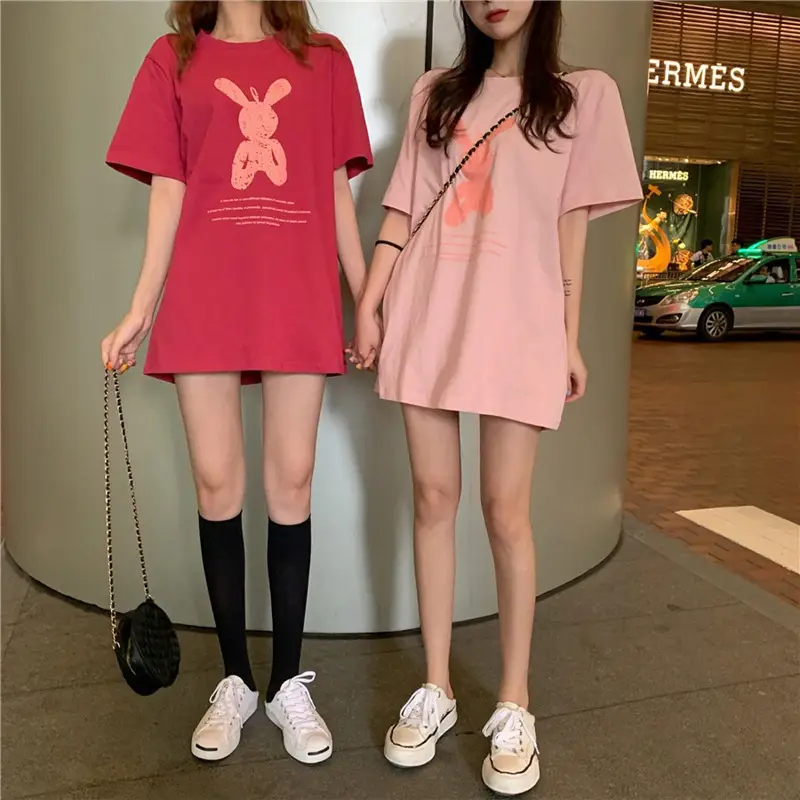 Women Short Sleeve T-Shirt Pink Printed 2025 Summer - Image 5
