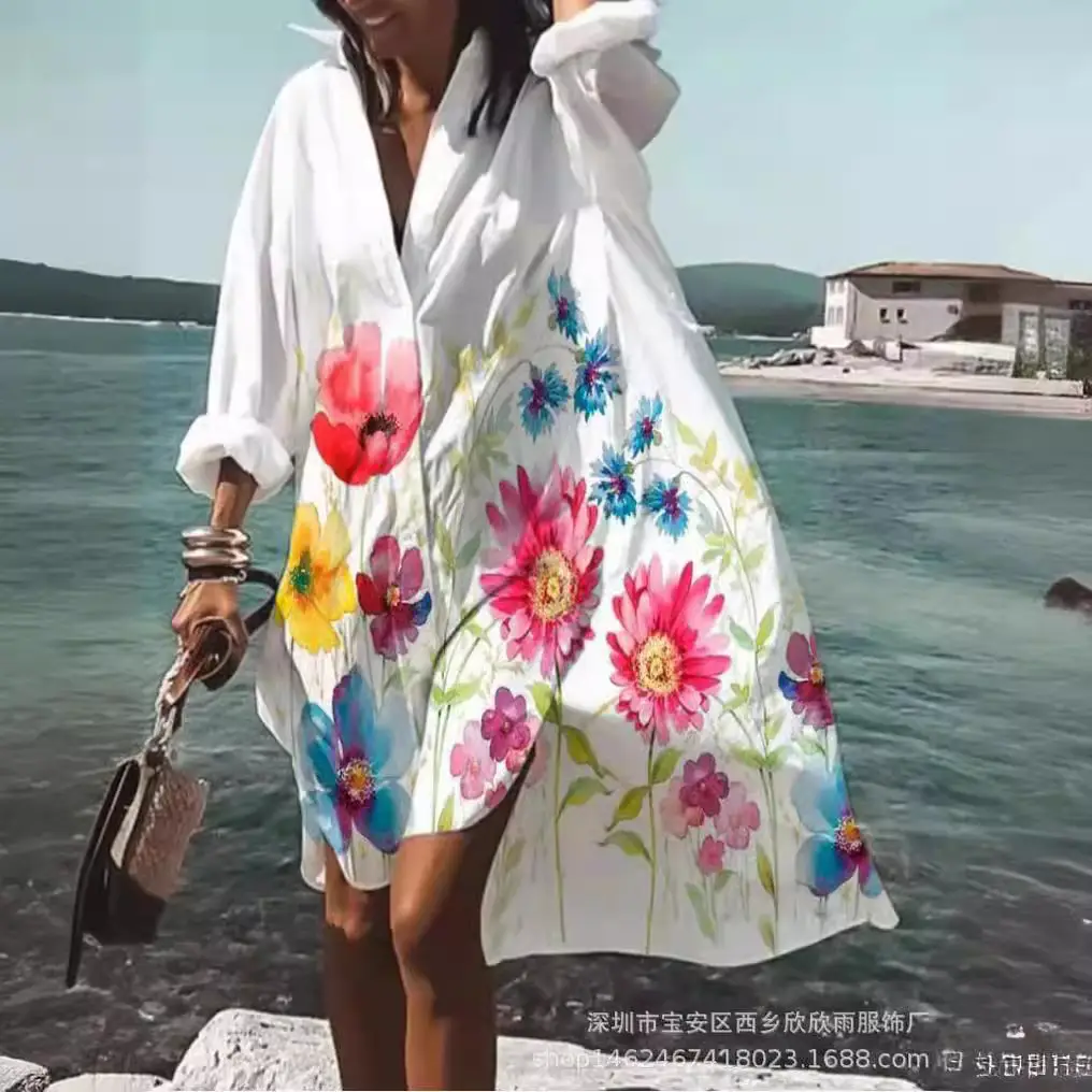 Women's 2022 Printed Cotton Long Shirt White - Image 18