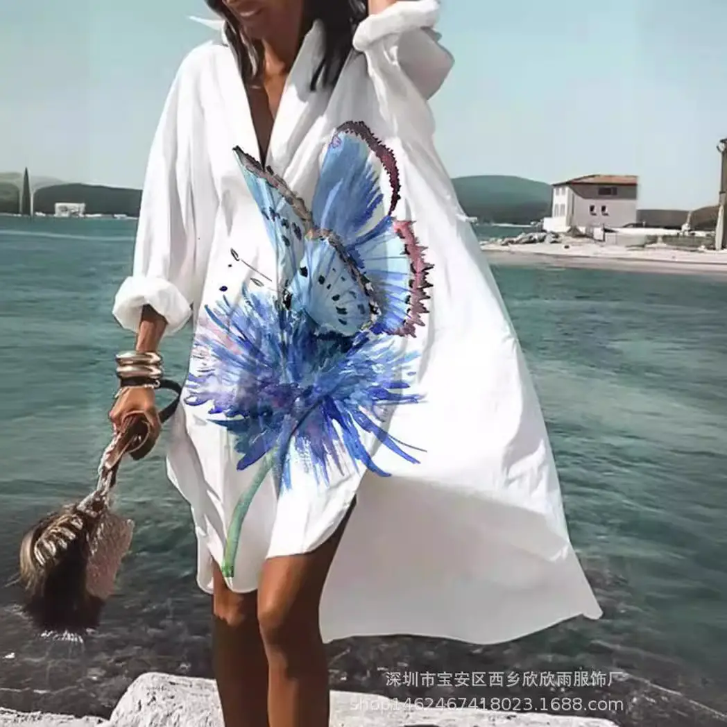 Women's 2022 Printed Cotton Long Shirt White - Image 19