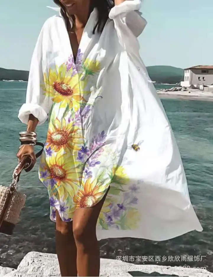 Women's 2022 Printed Cotton Long Shirt White - Image 2
