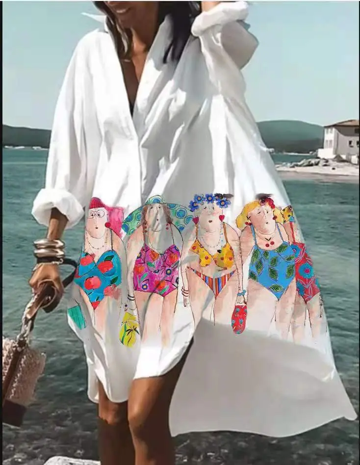 Women's 2022 Printed Cotton Long Shirt White - Image 11