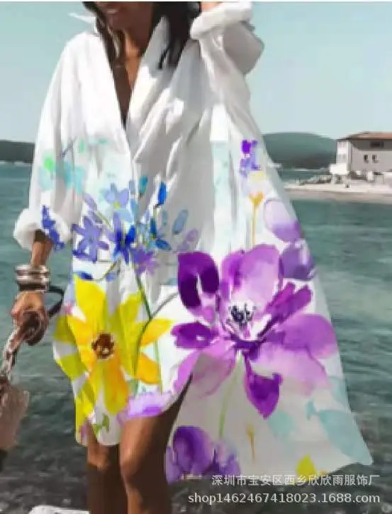 Women's 2022 Printed Cotton Long Shirt White - Image 7
