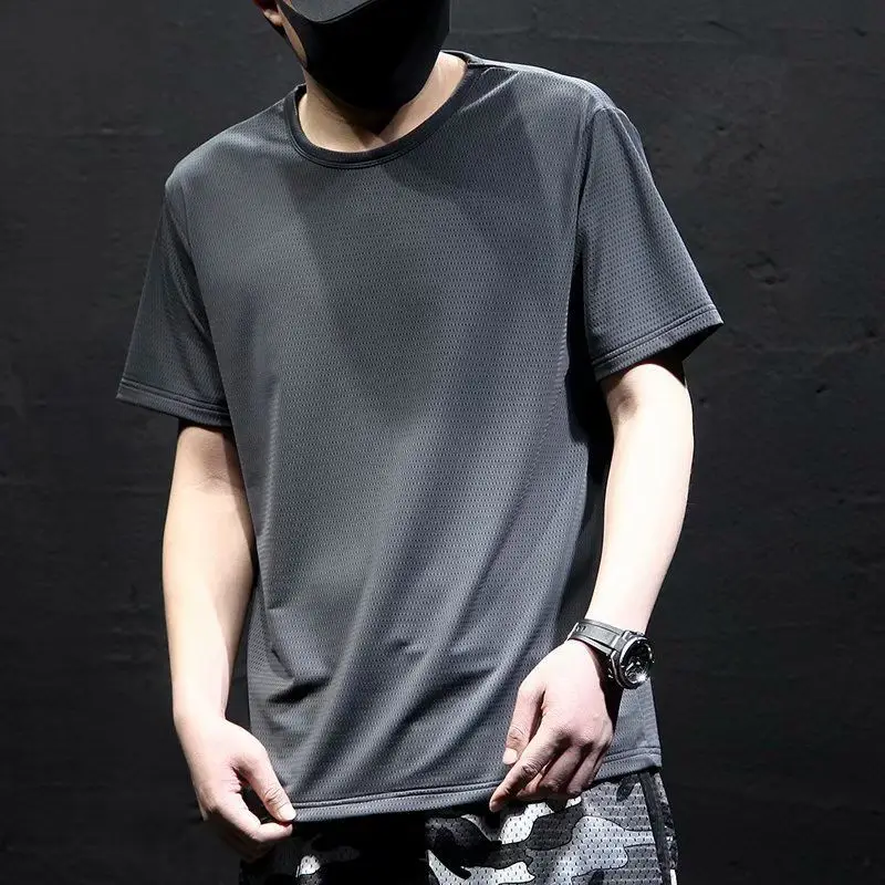 Men Ice Silk Mesh T-Shirt Grey Round Neck Loose Plus Size - Image 4