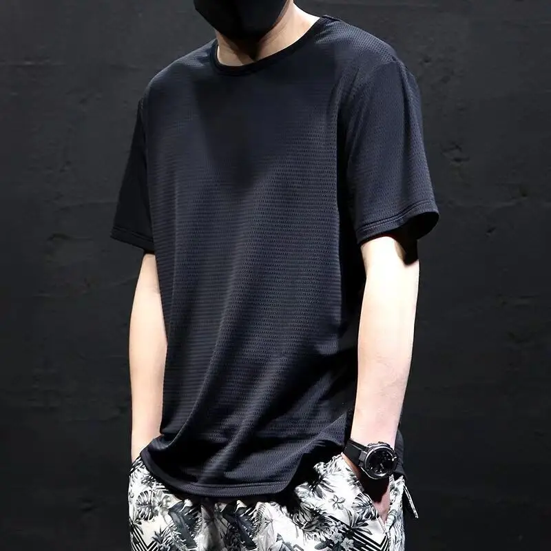 Men Ice Silk Mesh T-Shirt Grey Round Neck Loose Plus Size - Image 2