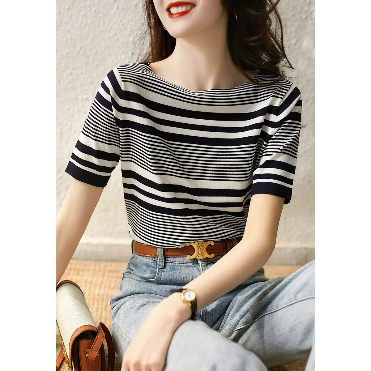 Women Striped Knitted T-Shirt Blue White Boat Neck