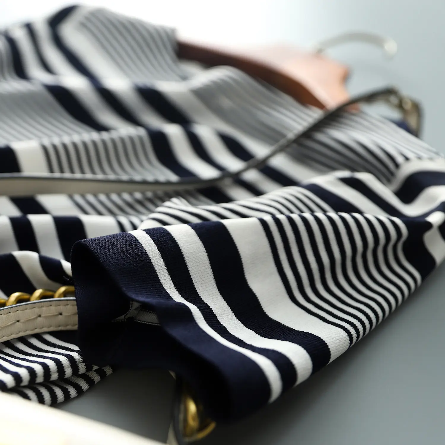 Women Striped Knitted T-Shirt Blue White Boat Neck