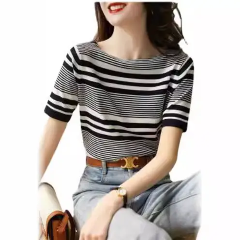 Women Striped Knitted T-Shirt Blue White Boat Neck