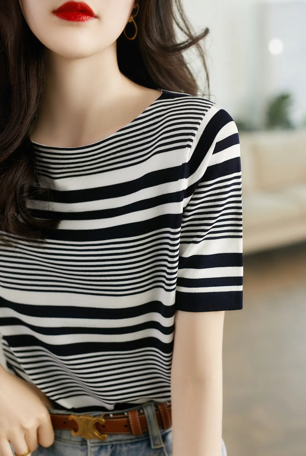 Women Striped Knitted T-Shirt Blue White Boat Neck — feature 1