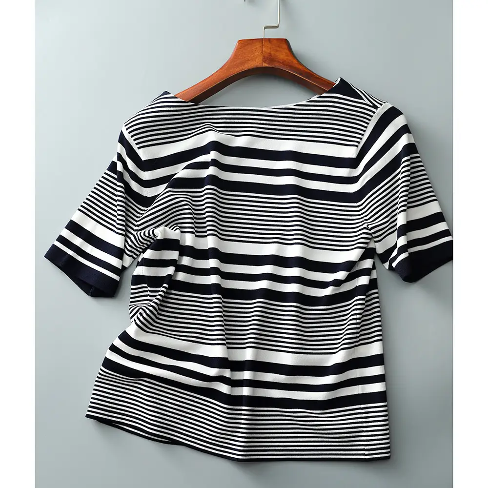 Women Striped Knitted T-Shirt Blue White Boat Neck — feature 11