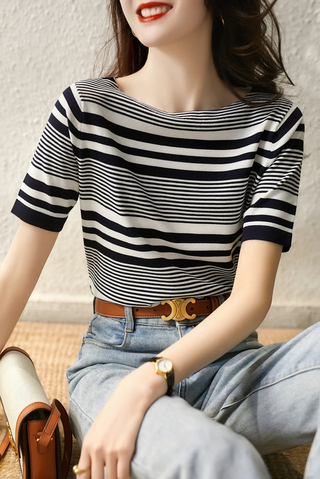 Women Striped Knitted T-Shirt Blue White Boat Neck — feature 2