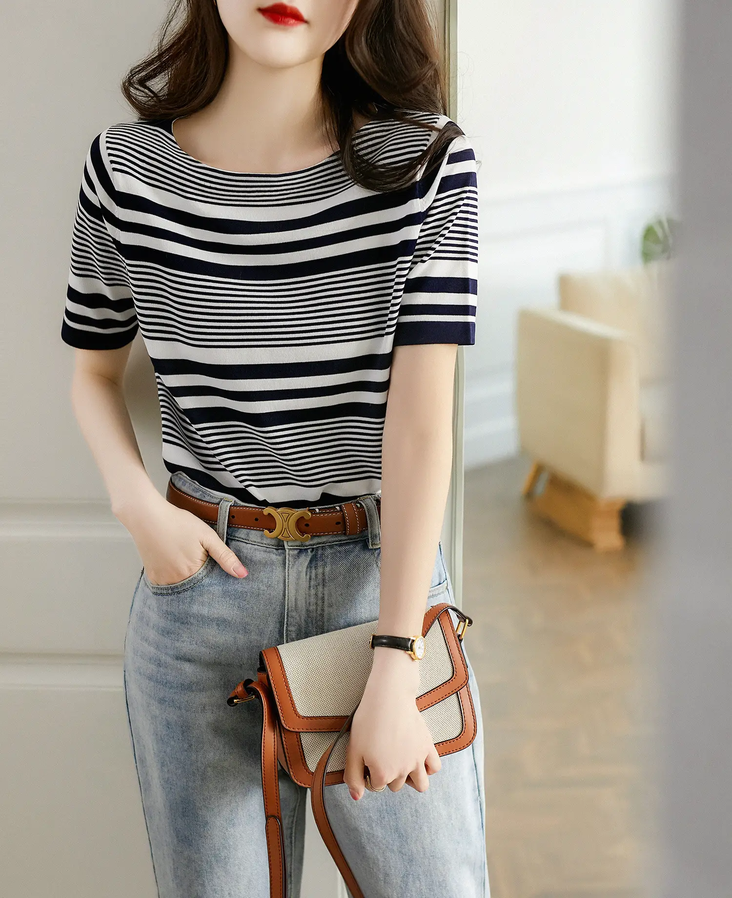 Women Striped Knitted T-Shirt Blue White Boat Neck — feature 4