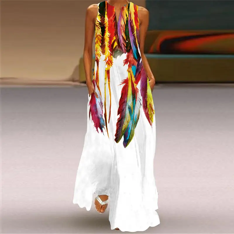 2026 Summer V-Neck Sleeveless Dress with Feather Print - Image 2