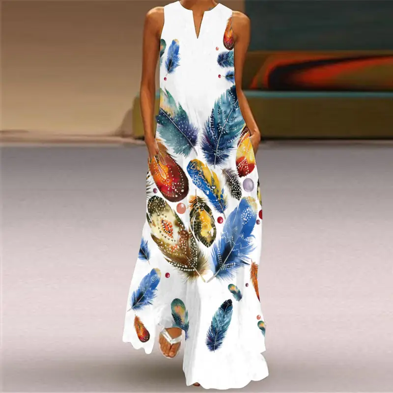 2026 Summer V-Neck Sleeveless Dress with Feather Print - Image 3