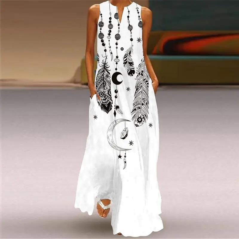 2026 Summer V-Neck Sleeveless Dress with Feather Print - Image 4