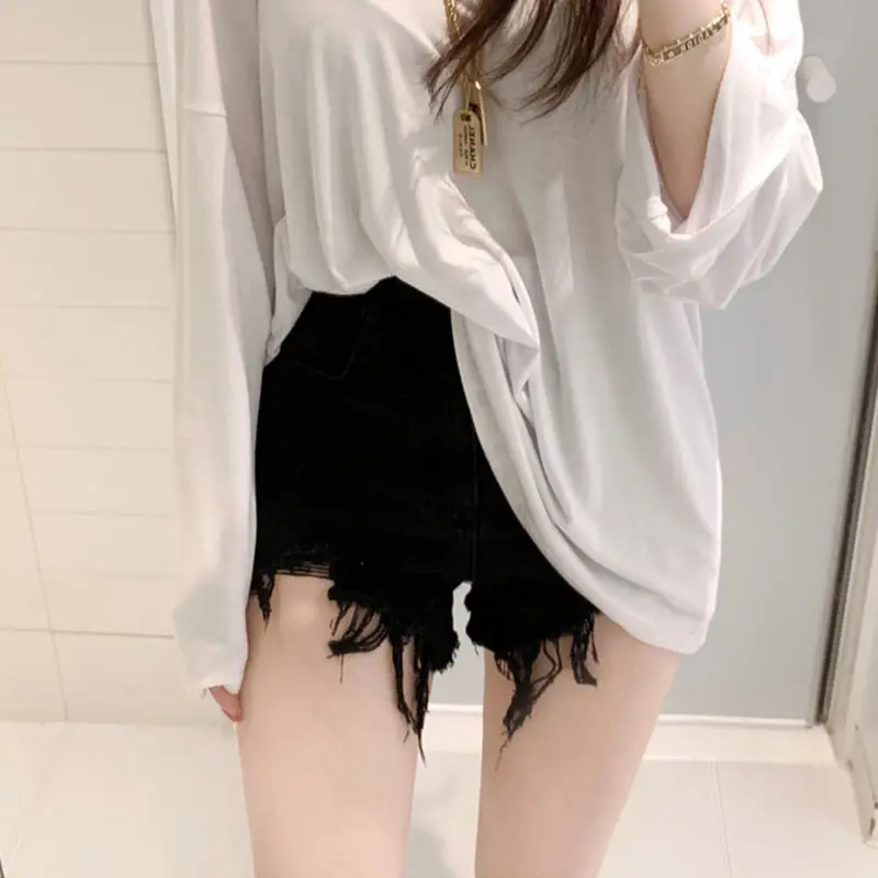 Black High Waist Denim Shorts with Frayed Hem - Image 4