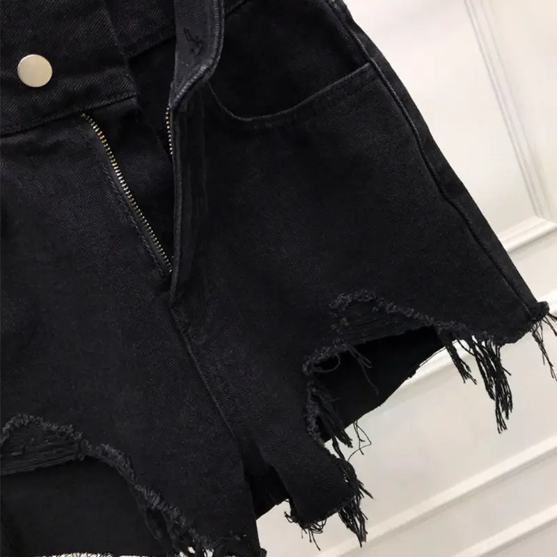 Black High Waist Denim Shorts with Frayed Hem - Image 6