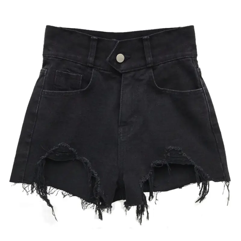 Black High Waist Denim Shorts with Frayed Hem - Image 7