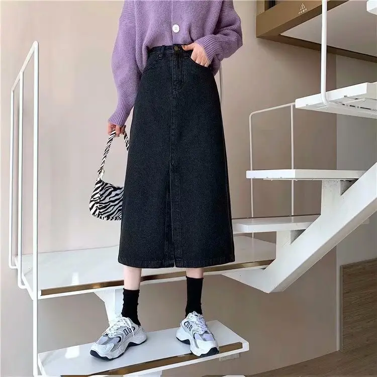 Women Front Slit Denim Skirt Grey Mid-Length A-Line - Image 3