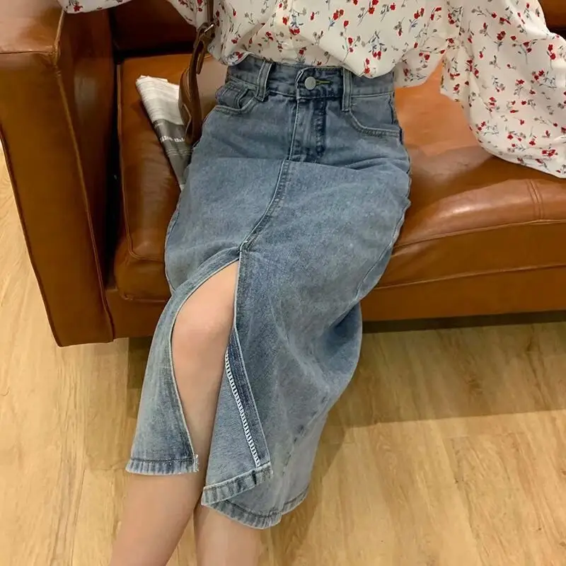 Women Front Slit Denim Skirt Grey Mid-Length A-Line - Image 4
