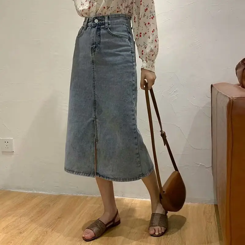 Women Front Slit Denim Skirt Grey Mid-Length A-Line - Image 5
