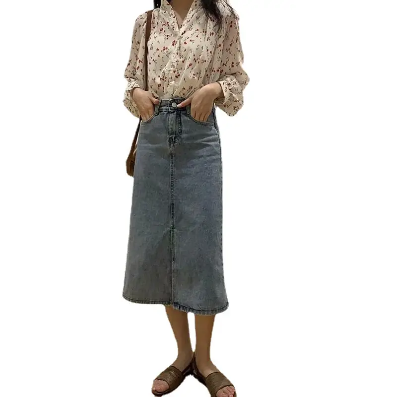 Women Front Slit Denim Skirt Grey Mid-Length A-Line - Image 7