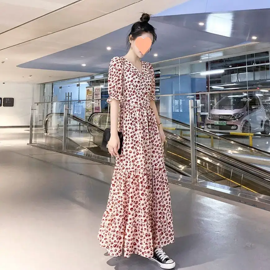 Women Floral Chiffon Dress Long High Waist Beach Wear
