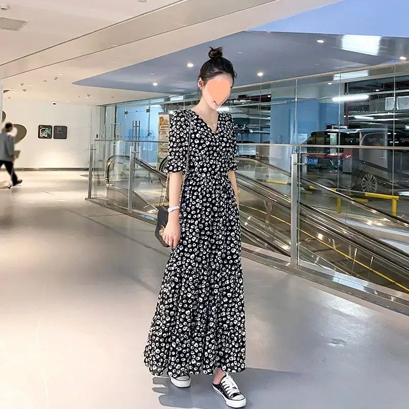 Women Floral Chiffon Dress Long High Waist Beach Wear