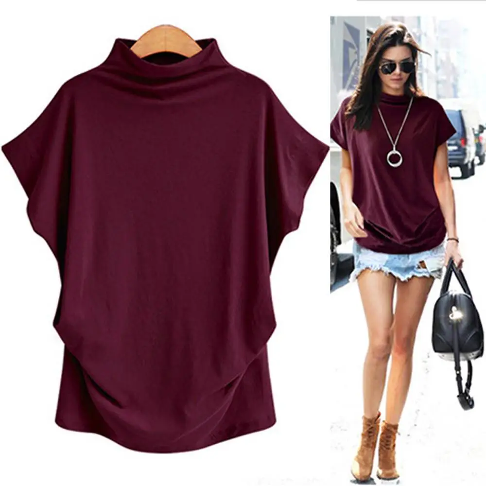 Women's Black Half High Collar Bat Short Sleeve Top Large - Image 16