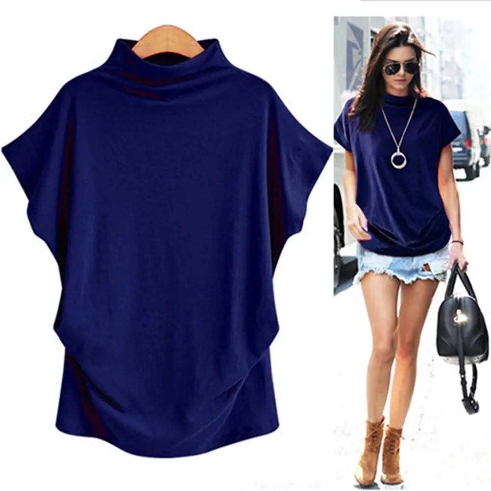 Women's Black Half High Collar Bat Short Sleeve Top Large - Image 17