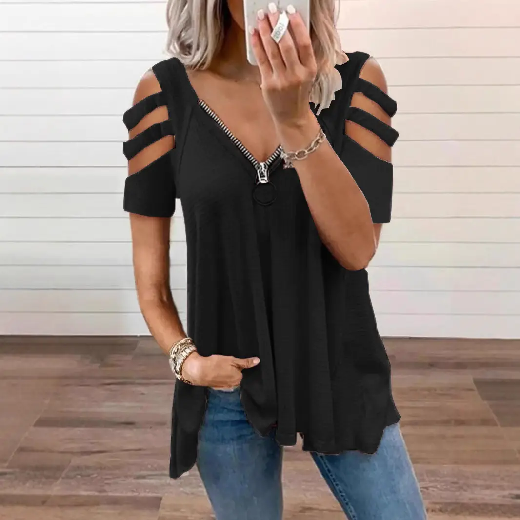 Black Off-Shoulder V-Neck T-Shirt for Women - Image 8