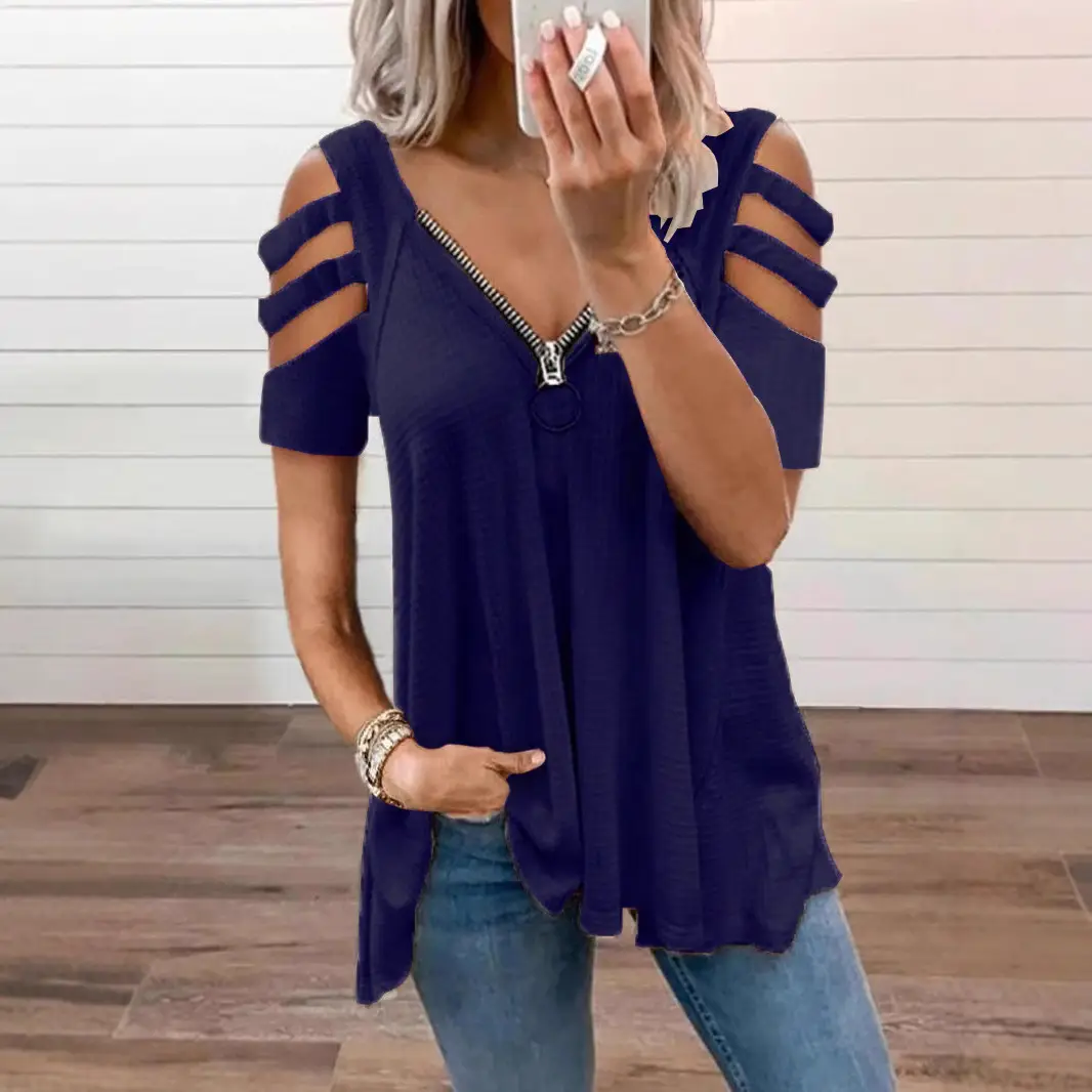 Black Off-Shoulder V-Neck T-Shirt for Women - Image 9