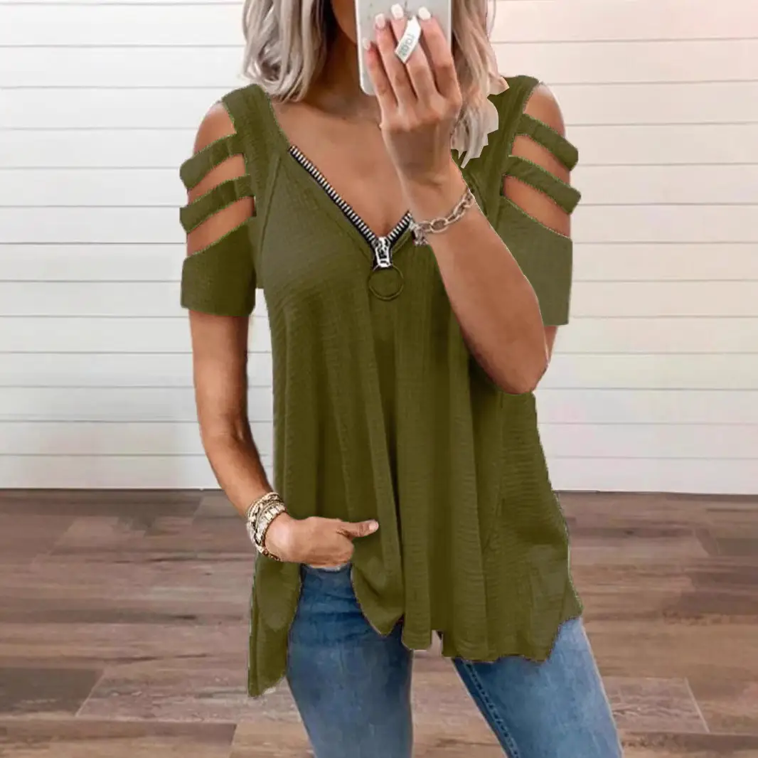 Black Off-Shoulder V-Neck T-Shirt for Women - Image 10