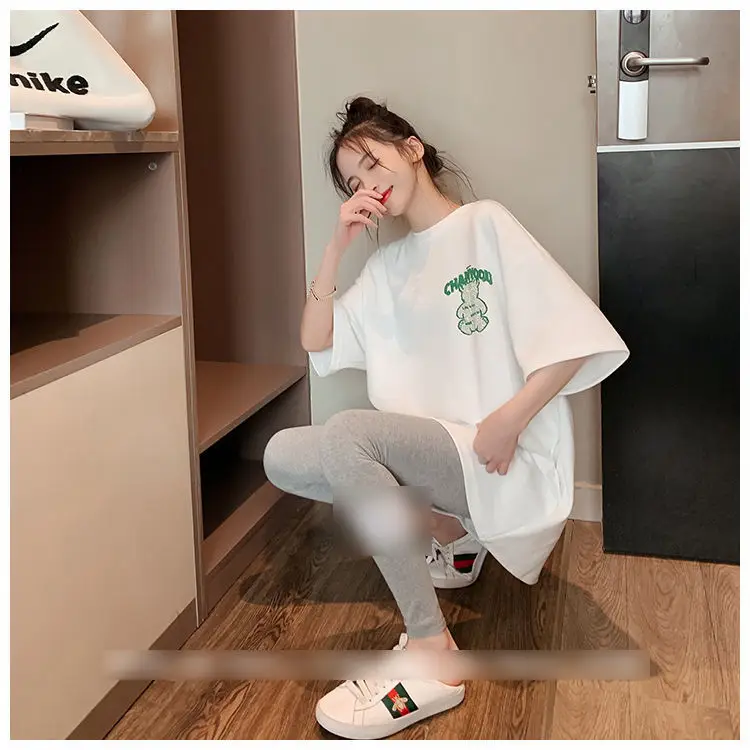 Pregnant Women Cotton T-Shirt White Green Print - Image 4