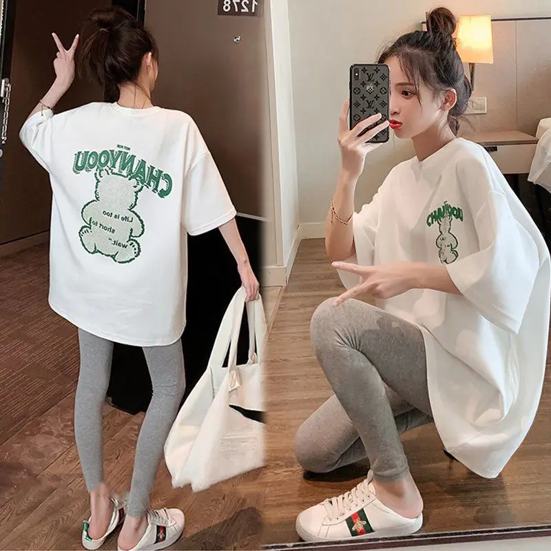 Pregnant Women Cotton T-Shirt White Green Print - Image 5