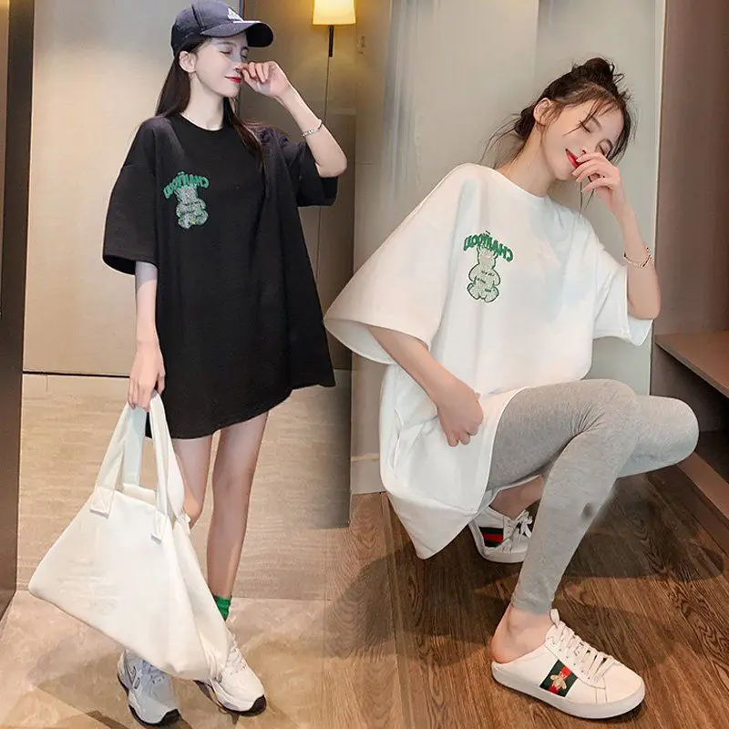 Pregnant Women Cotton T-Shirt White Green Print - Image 6