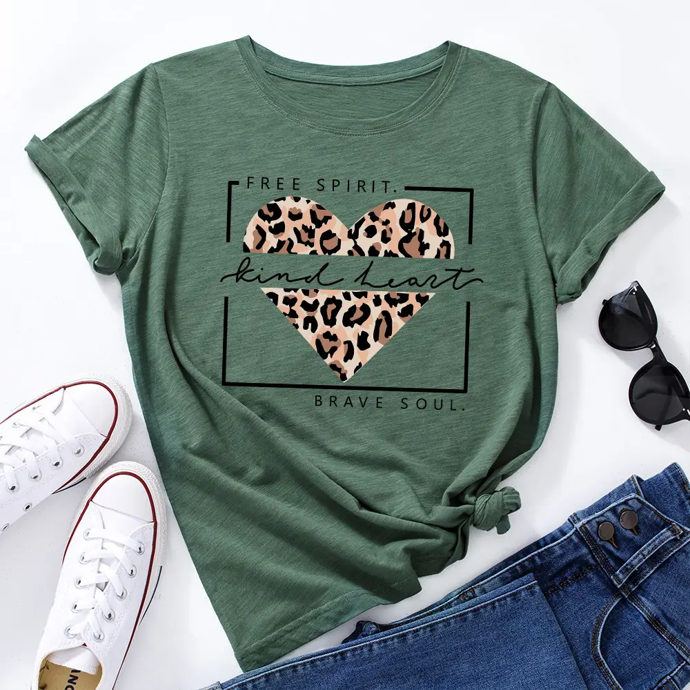 Green T-Shirt with Leopard Print & "Free Spirit" Design - Image 6