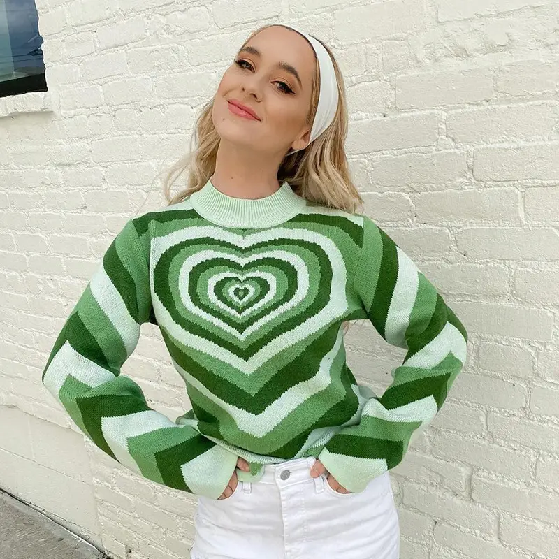 Women's Heart Print Sweater Pink Striped Long Sleeve - Image 7
