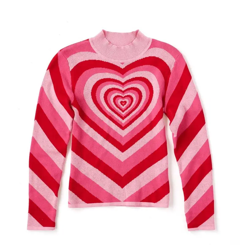 Women's Heart Print Sweater Pink Striped Long Sleeve - Image 8
