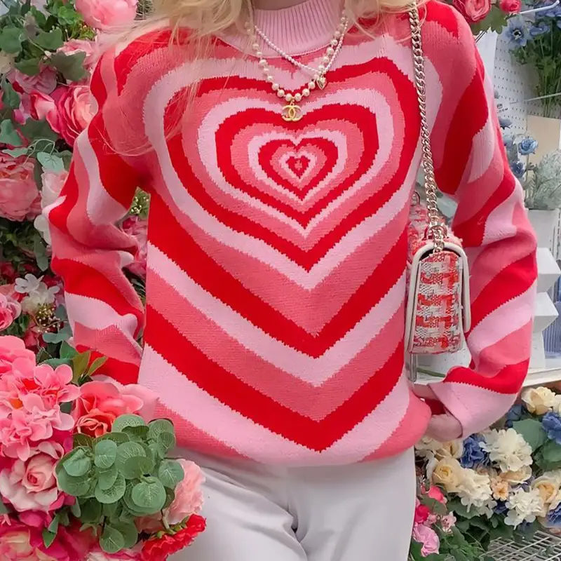 Women's Heart Print Sweater Pink Striped Long Sleeve - Image 3