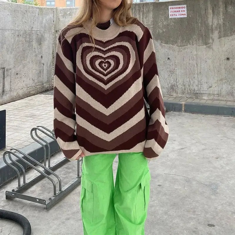 Women's Heart Print Sweater Pink Striped Long Sleeve - Image 4