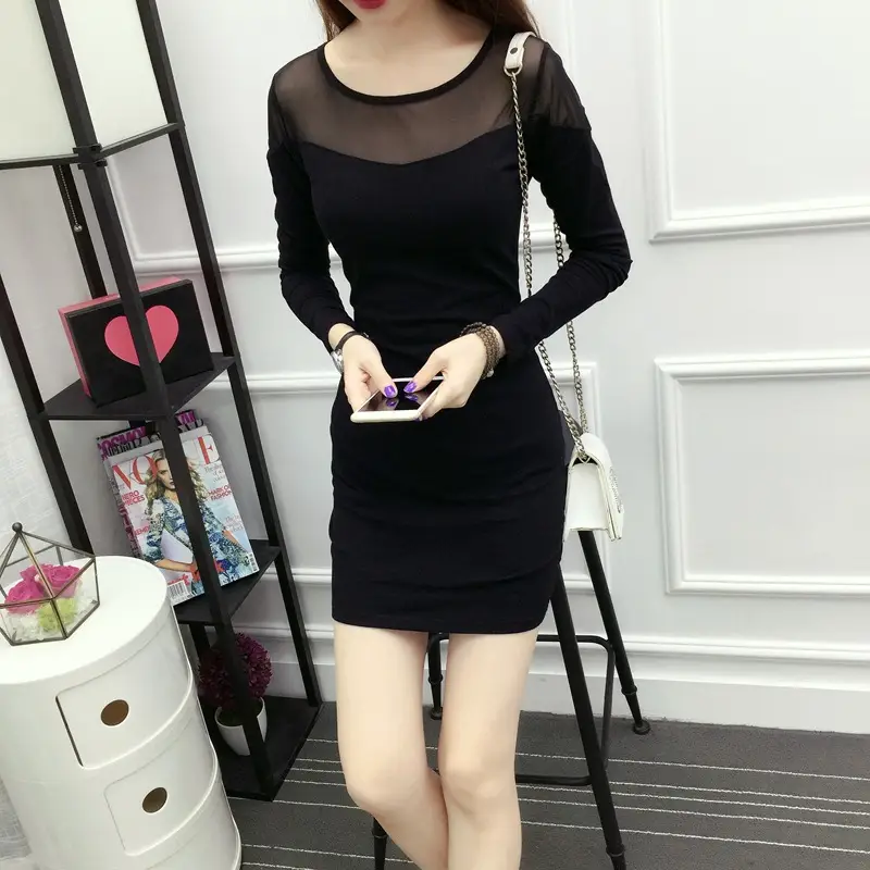Black Lace Sheath Skirt Dress Long Sleeve Women Large — feature 15